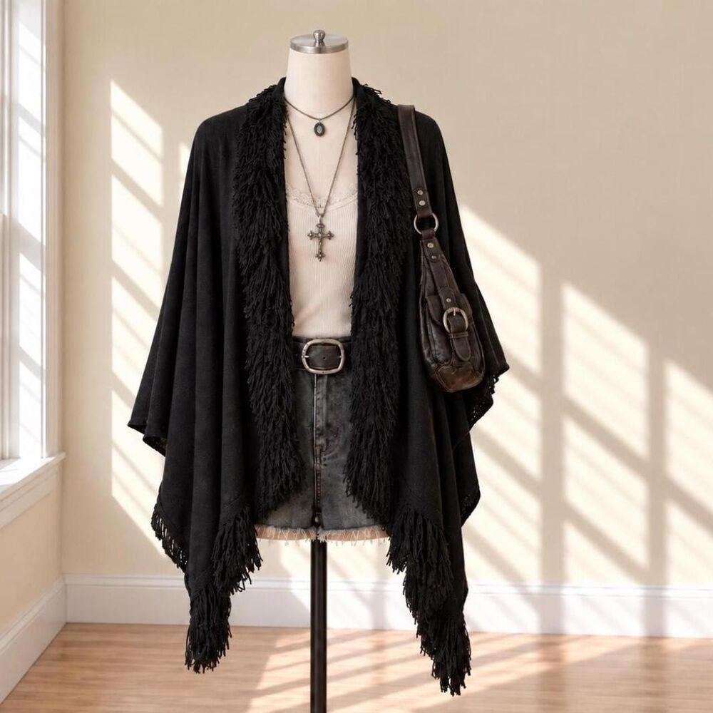 Kenar Womens Fringe Long Sleeve Cardigan Sz.M Boho Grunge Whimsigoth Western Woo